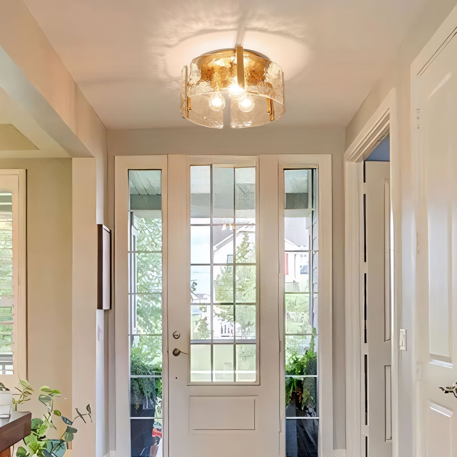 Hammered Water Glass Ceiling Light -  Gold Drum Flush Mount Light