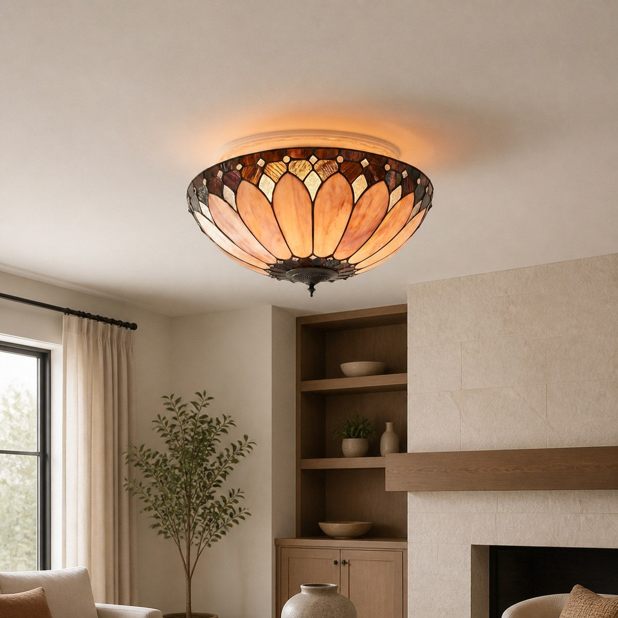 TF Brooklyn Tiffany Glass Flush Mount Ceiling Light - Art Deco Design for Hallway or Living Room