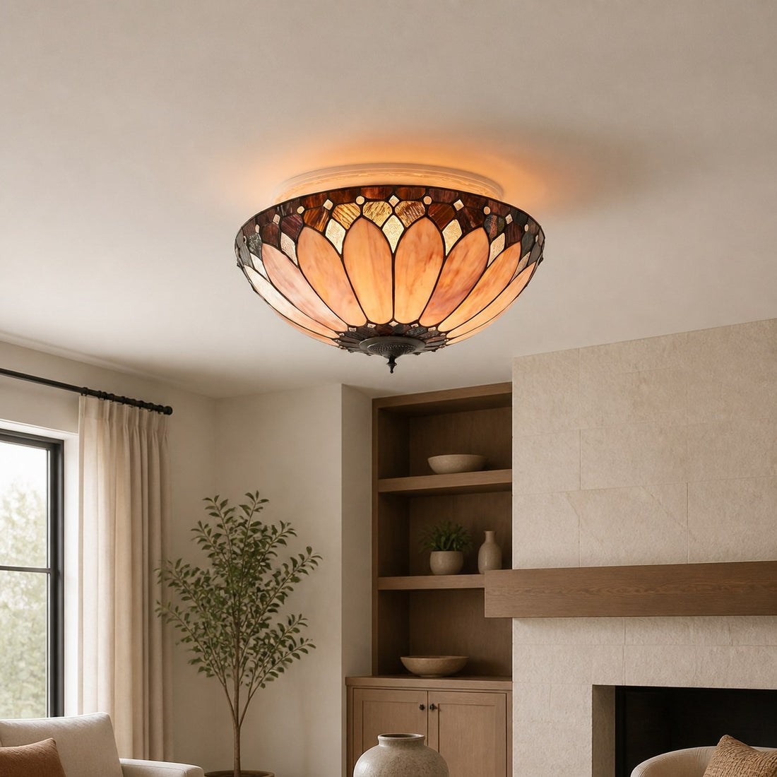 TF Brooklyn Tiffany Glass Flush Mount Ceiling Light - Art Deco Design for Hallway or Living Room