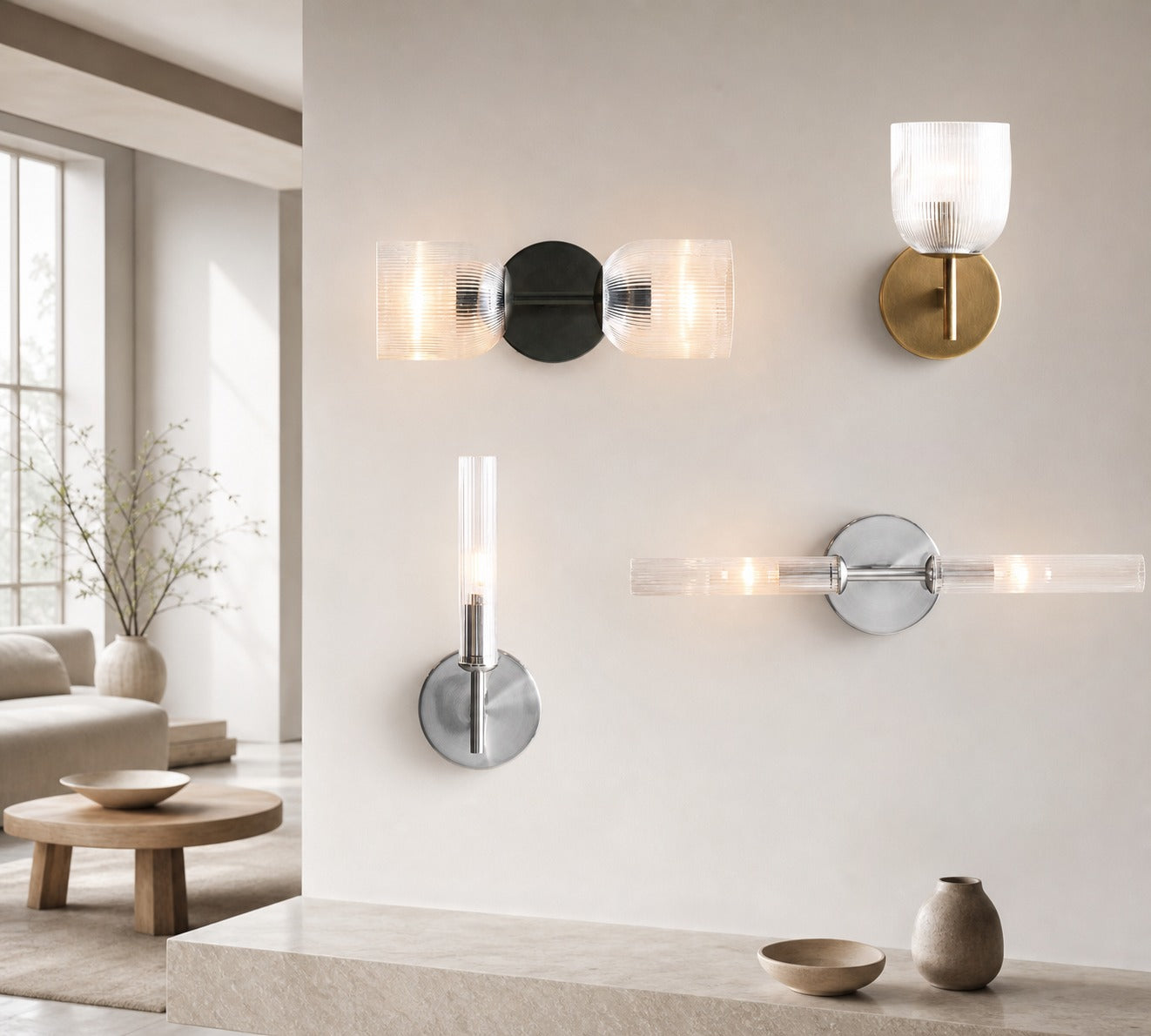 Bravira Ribbed Glass Sconce - Metal Wall Light with Clear Glass Shade