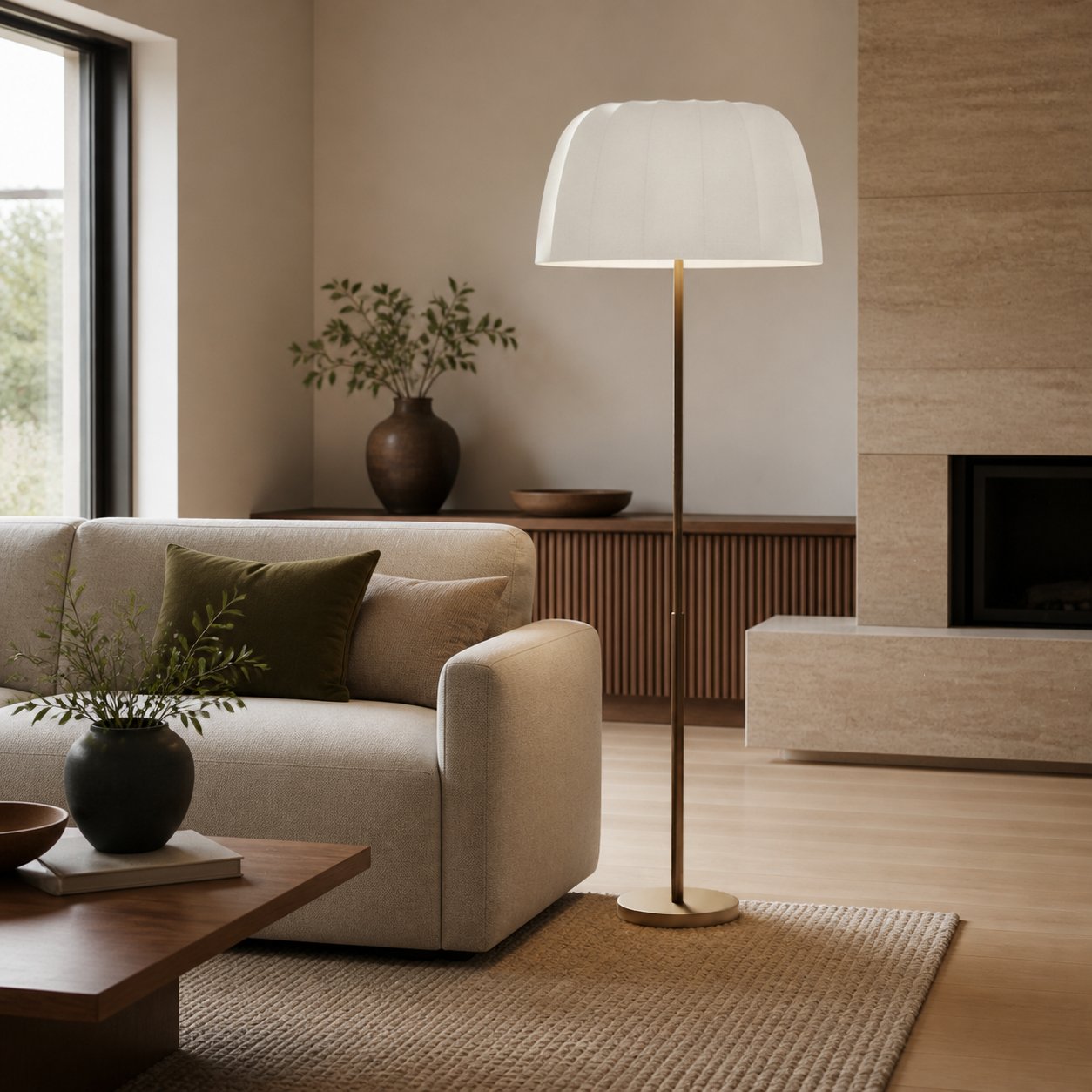 Vellaro Brass Floor Lamp with Fabric Shade – Modern Standing Light for Living Room or Bedroom