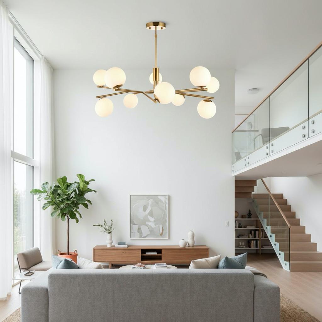 Tivara Mid-Century Modern 10-Light Pendant – Chandelier with Globe Shades for High Ceilings