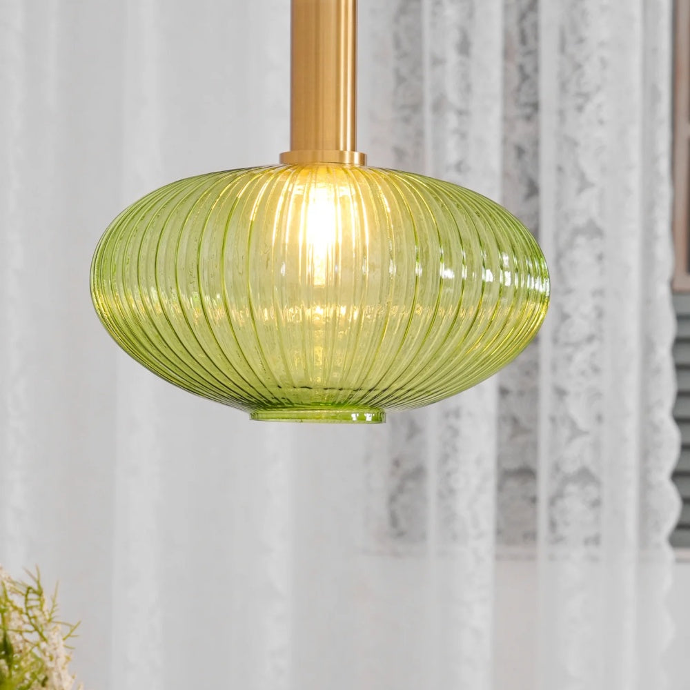 Ribbed Stained Glass Pendant Lamp – Retro Lantern Shape Hanging Light