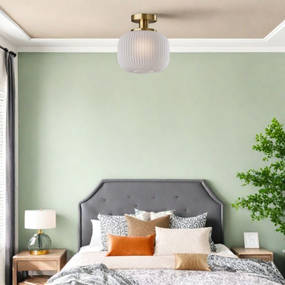 Pelviona Modern Ribbed Glass Pendant - Frosted & Brass Ceiling Light Add Timeless Charm to Your Space