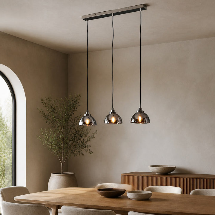 Shimmera 3-Light Linear Pendant – Mirror Glass Shades with Modern Nickel Finish for Dining Rooms
