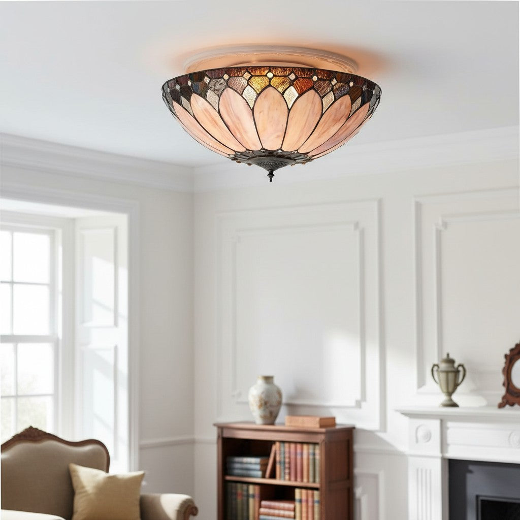 TF Brooklyn Tiffany Glass Flush Mount Ceiling Light - Art Deco Design for Hallway or Living Room