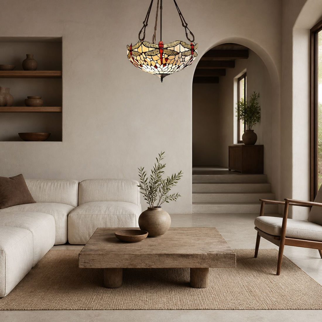 TF Dragonfly Beige Tiffany Pendant Lamp – Elegant Stained Glass Fixture for Dining Room and Bedroom