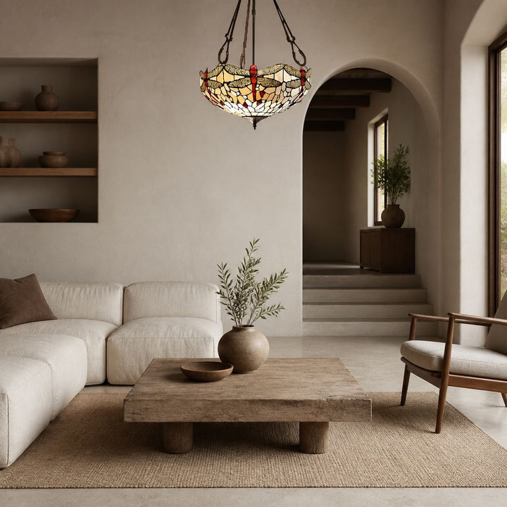 TF Dragonfly Beige Tiffany Pendant Lamp – Elegant Stained Glass Fixture for Dining Room and Bedroom
