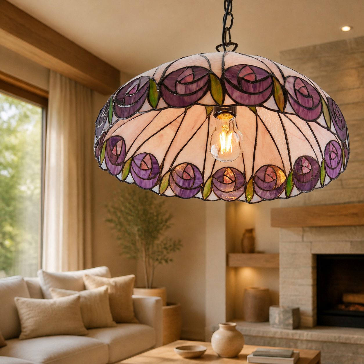 TF Hutchinson Tiffany Glass Pendant Light with Artistic Mosaic Design for Dining and Living Spaces