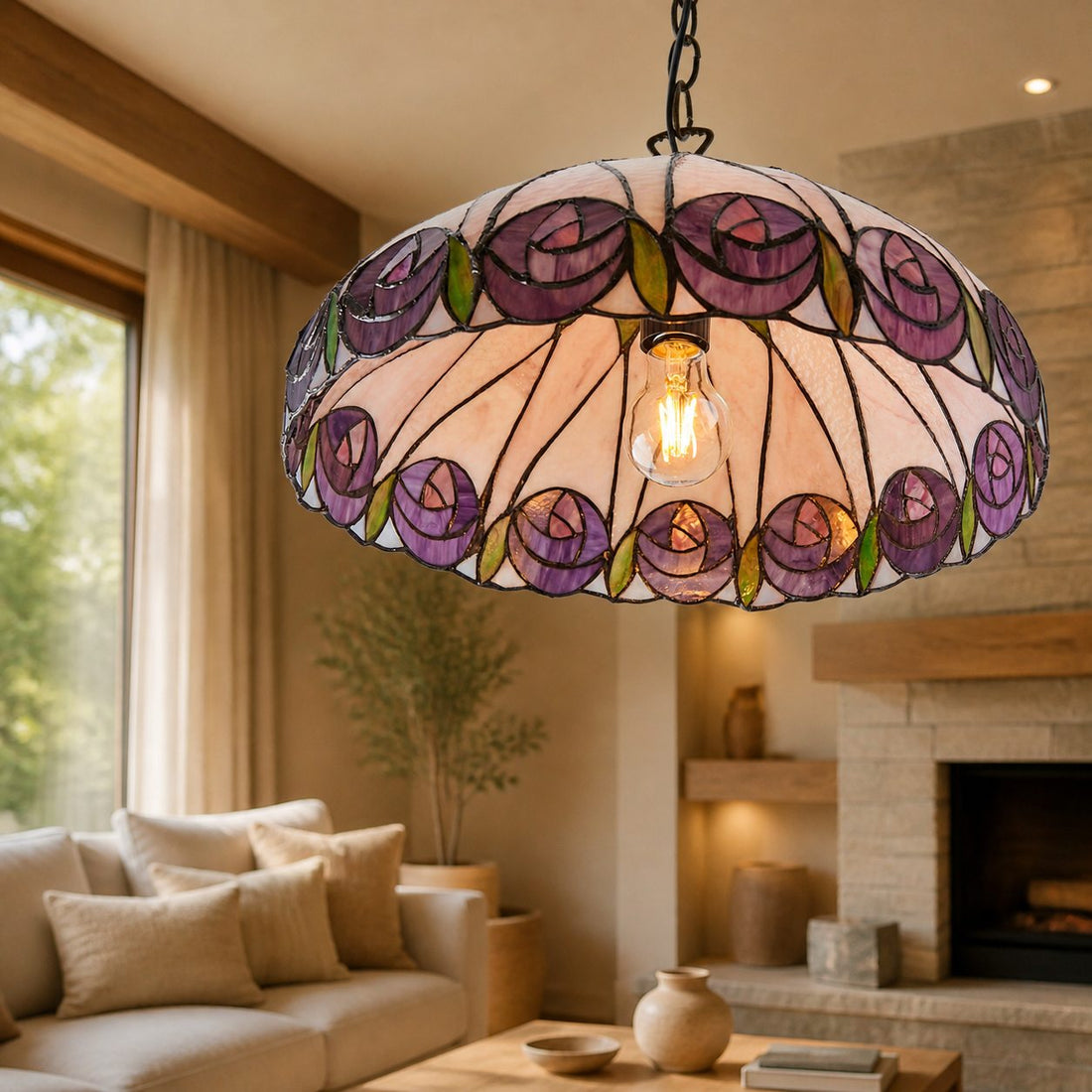 TF Hutchinson Tiffany Glass Pendant Light with Artistic Mosaic Design for Dining and Living Spaces