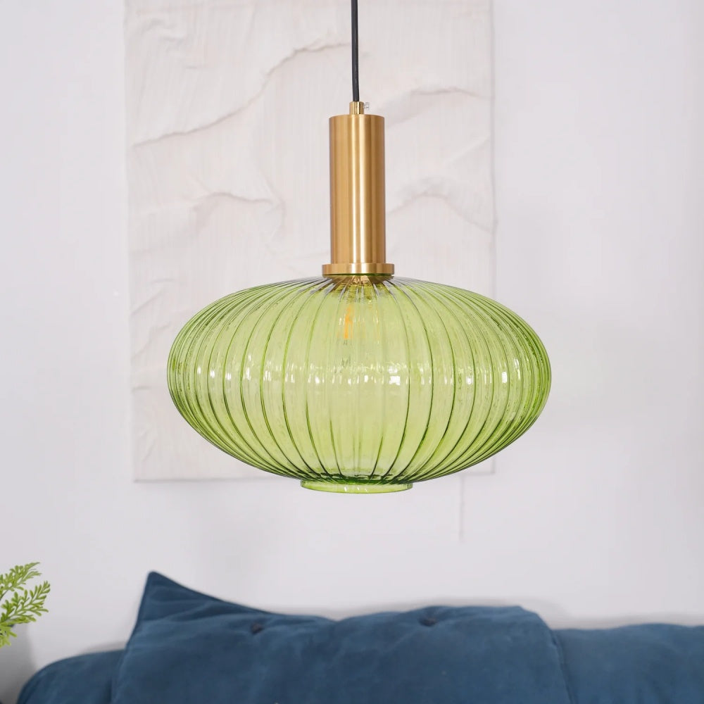 Ribbed Stained Glass Pendant Lamp – Retro Lantern Shape Hanging Light