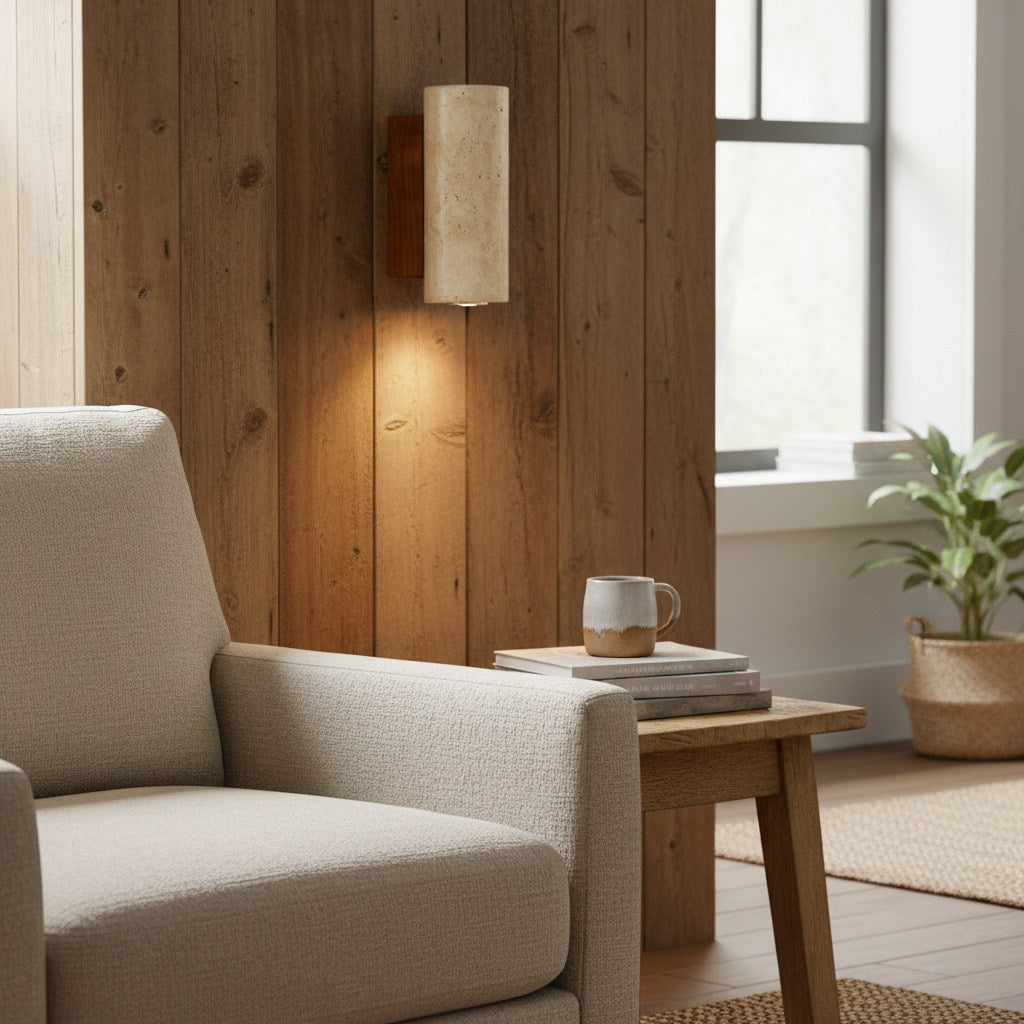 Slivara Natural Stone Backplate with Warm Amber Shade - Vintage Modern Slivara Wall Sconce for Living Room