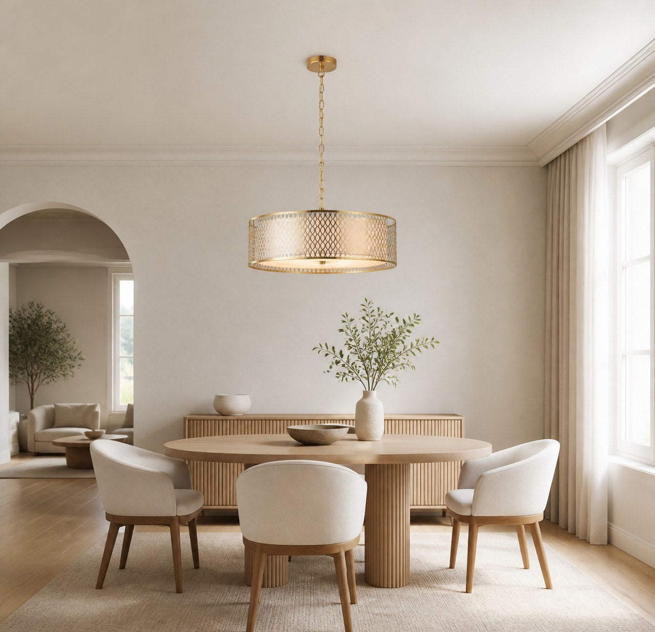 Liorin Geometric Pendant Lamp – Modern Fretwork Metal and Fabric Shade Pendant for Interiors