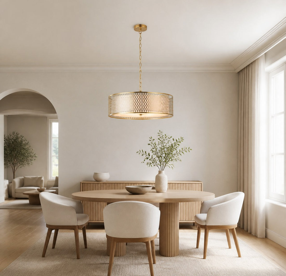 Liorin Geometric Pendant Lamp – Modern Fretwork Metal and Fabric Shade Pendant for Interiors