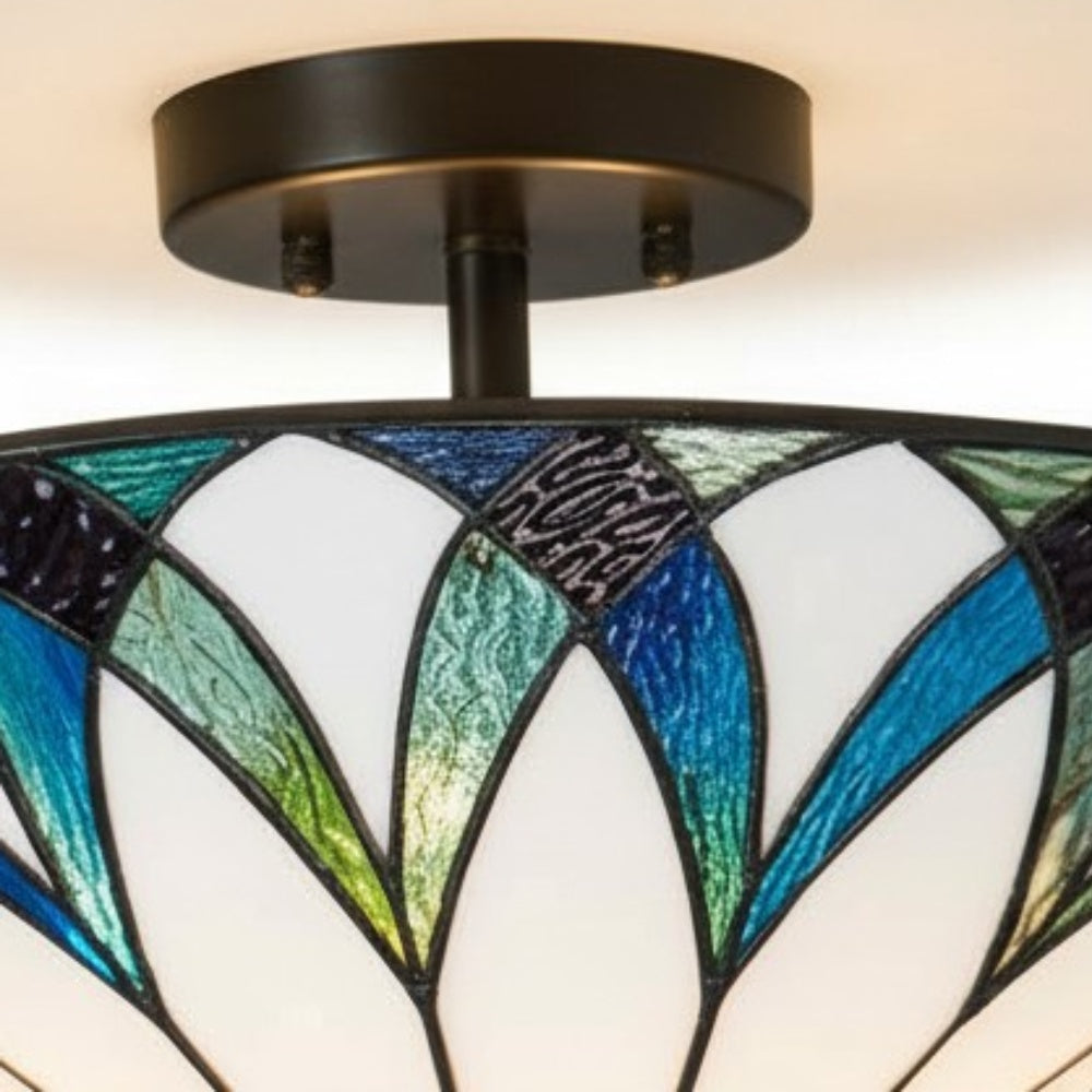 TF Allanton Tiffany Semi Flush Ceiling Light – Art Nouveau Patterned Shade for Living or Dining