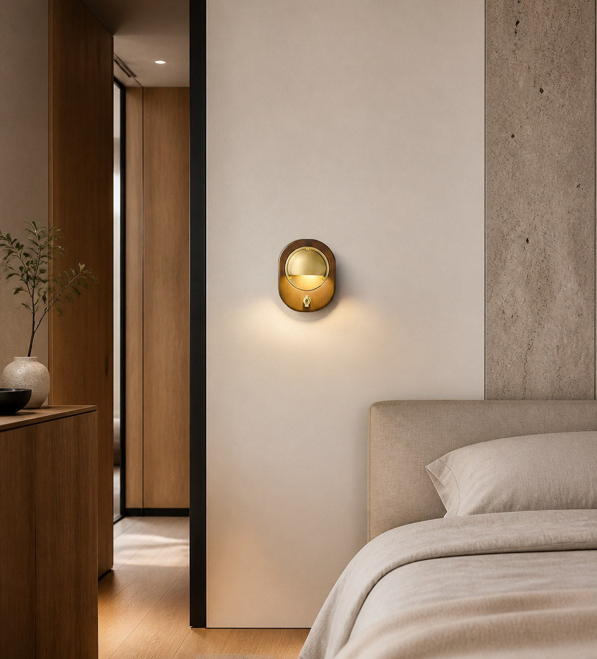 Ivoran Modern Wall Sconce - Ash Wood and Brass Spherical Lamp for Bedroom and Hallway