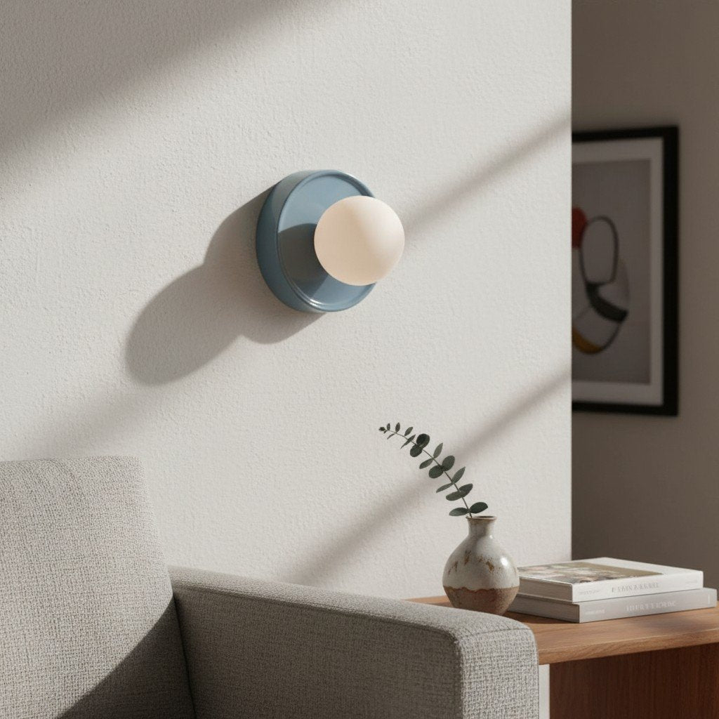 Solna Round Glass Wall Sconce with Ceramic Base-Minimalist Lighting for Bedroom or Hallway