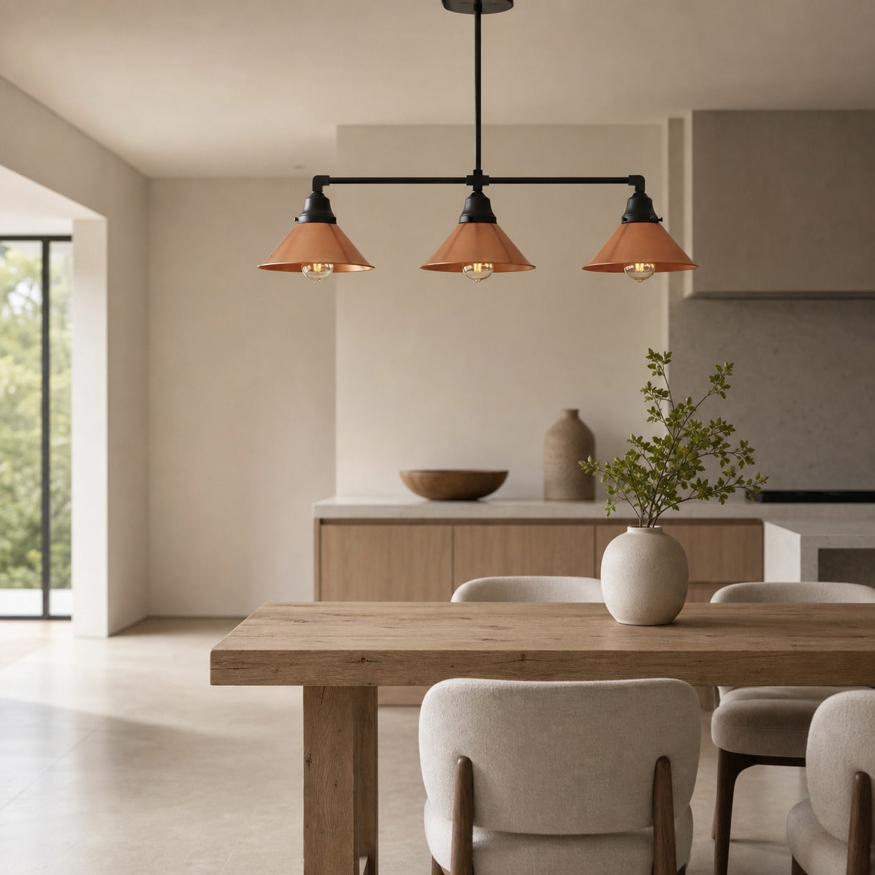 Conique Metal Hand-Aged Copper Chandelier - 3 Light Industrial Pendant - Island Lighting