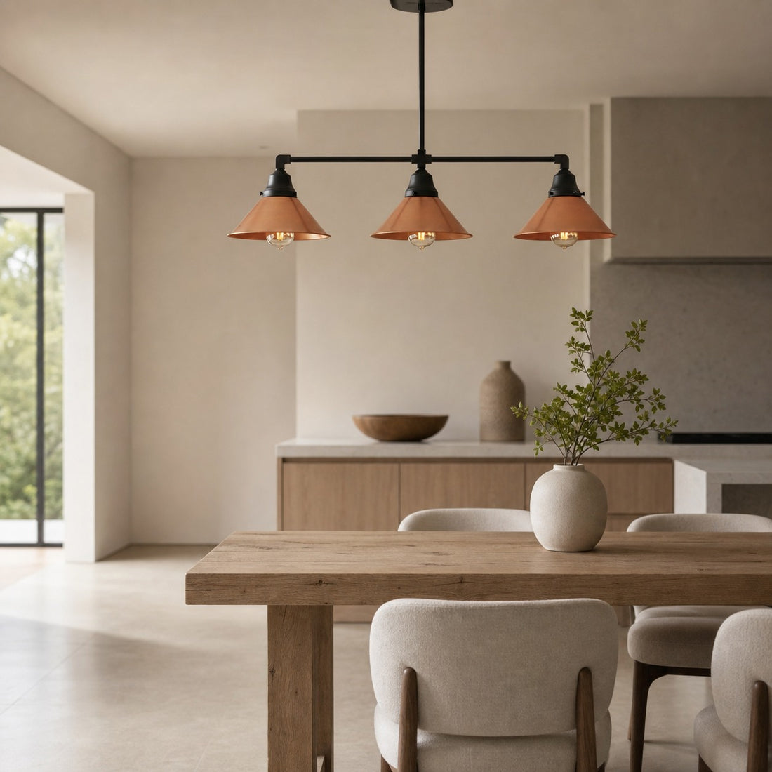 Conique Metal Hand-Aged Copper Chandelier - 3 Light Industrial Pendant - Island Lighting