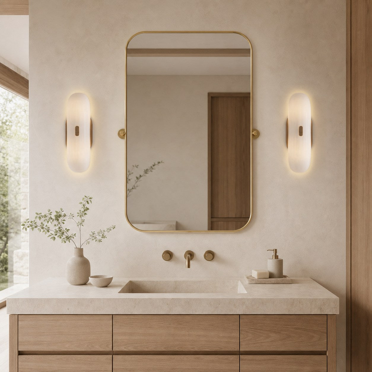 Ferosa Elegant Boat-Shaped Wall Lamp – Brass Finish with Milk Glass Linear Design