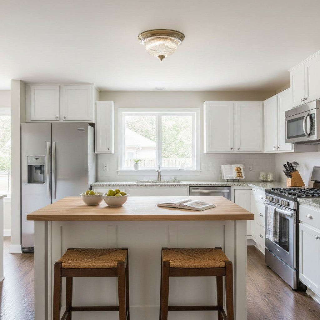 TF Vintora Modern Flush Ceiling Light – Ribbed Glass and Metal Trim for Kitchens or Hallways