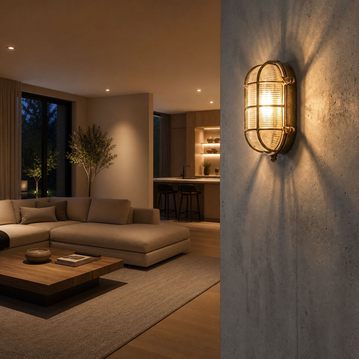 Ivoran Bulkhead Wall Sconce - Brass Caged Glass Vintage Industrial Light for Outdoor and Bathroom