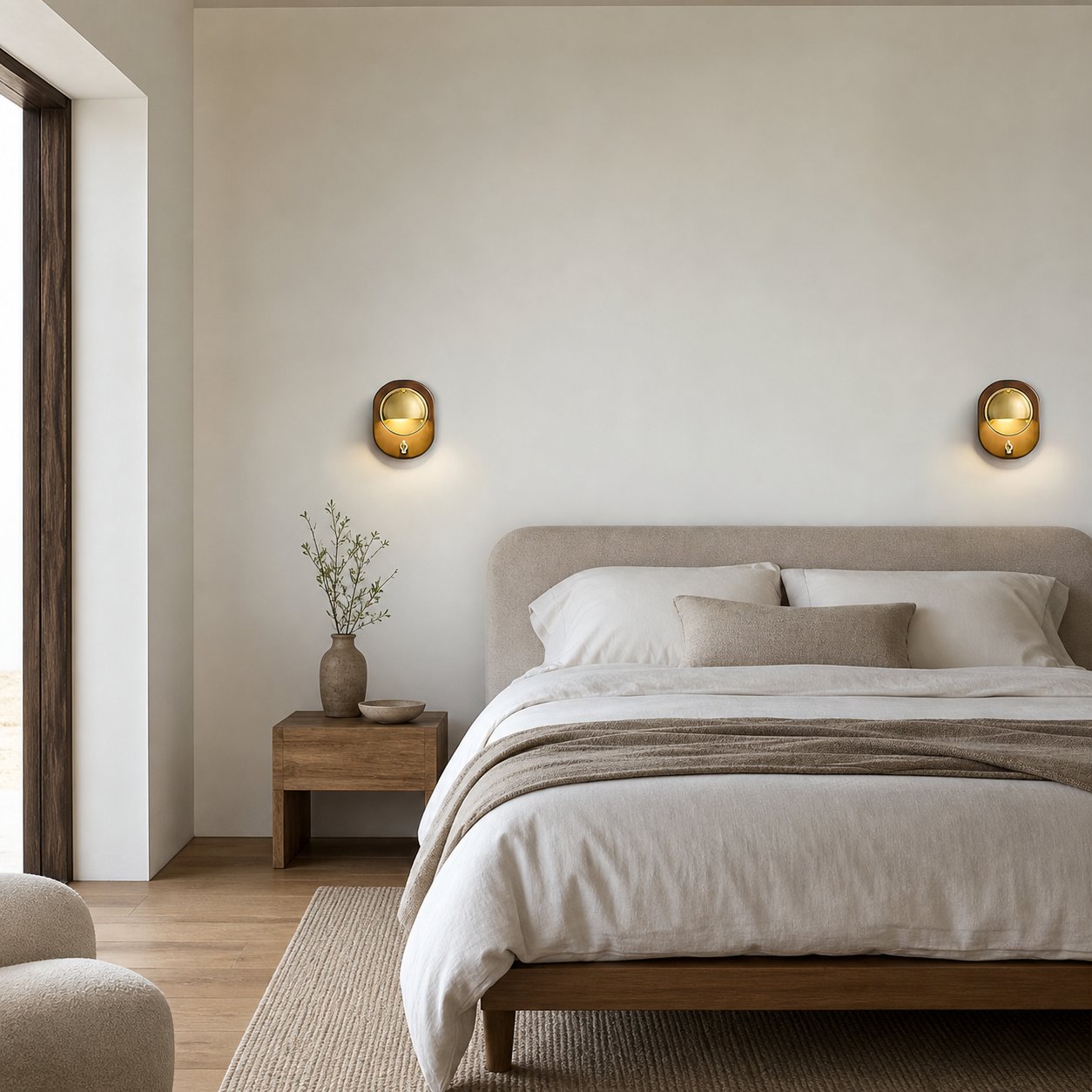 Ivoran Modern Wall Sconce - Ash Wood and Brass Spherical Lamp for Bedroom and Hallway