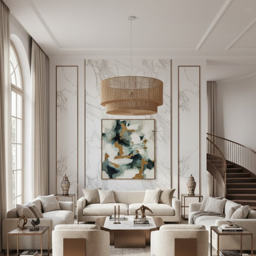 Florevian Woven Jute Hanging Light - Boho Chic Drum Pendant for Living or Dining