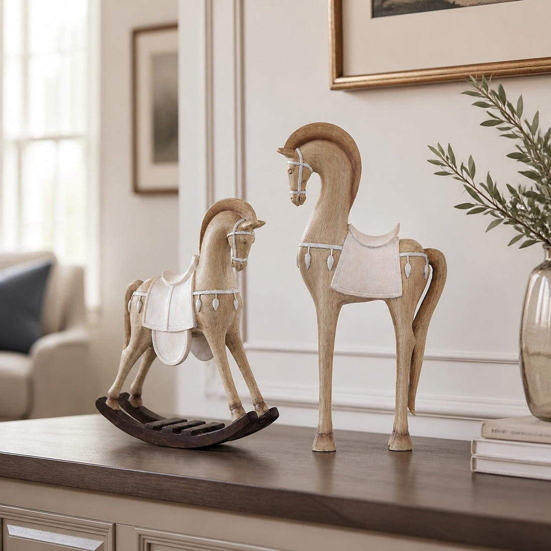 Equora rocking and standing horse sculptures displayed together