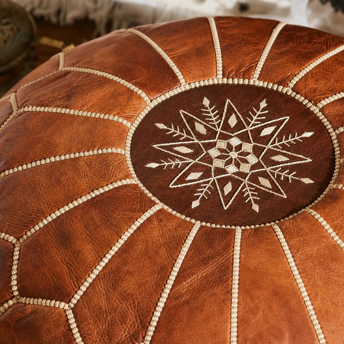 brown Moroccan pouf stitched detail