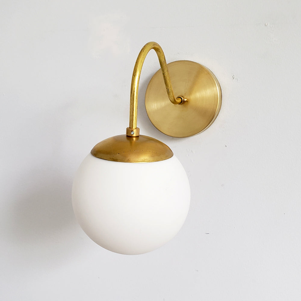 Brass Wall Lamp Sconce - Curved Arm with Handblown Frosted Glass