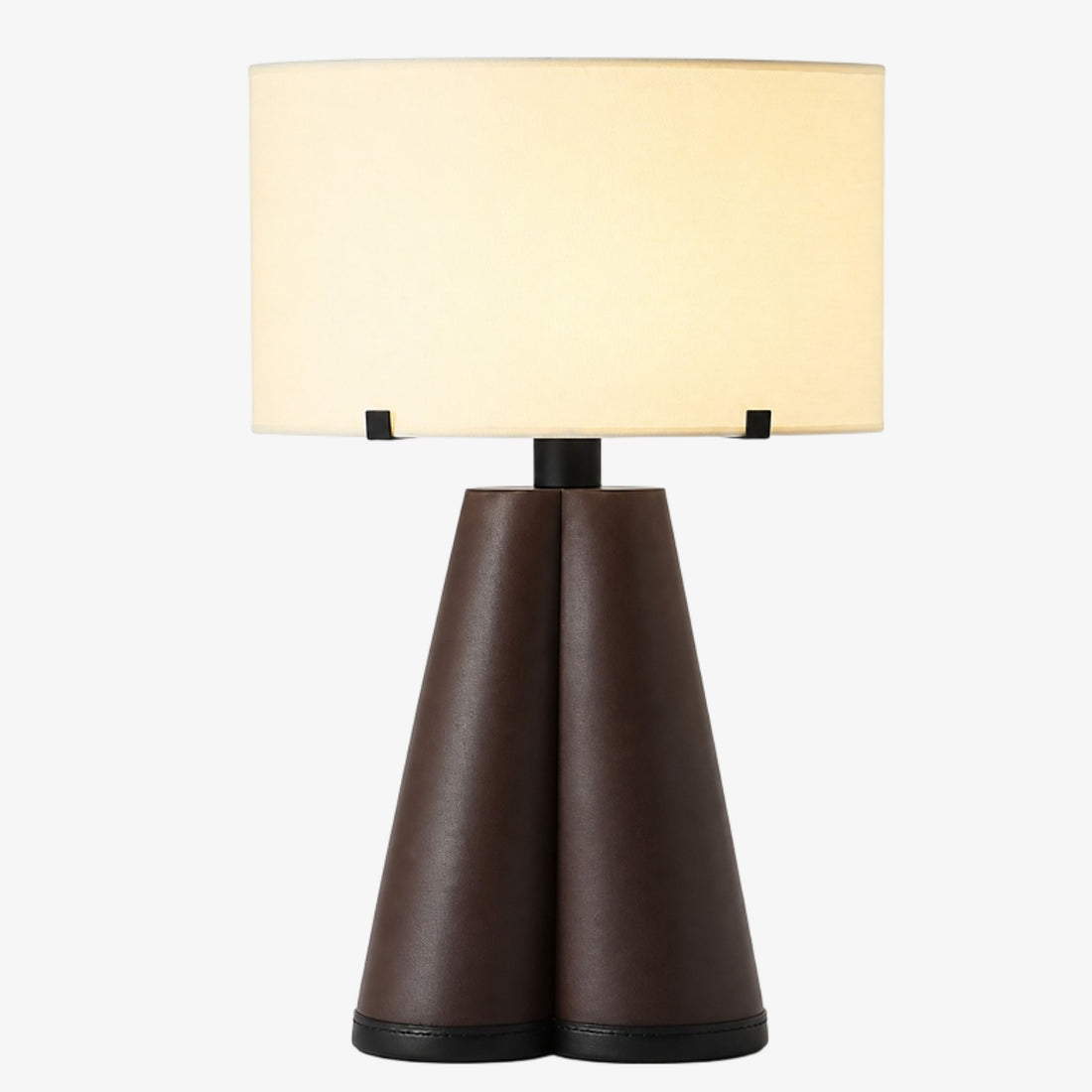 Brown leather twin cone table lamp with cream fabric shade