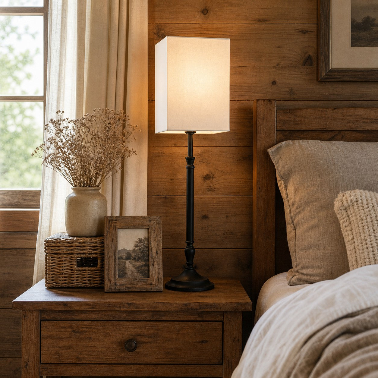 Square fabric shade table lamp on a bedside table
