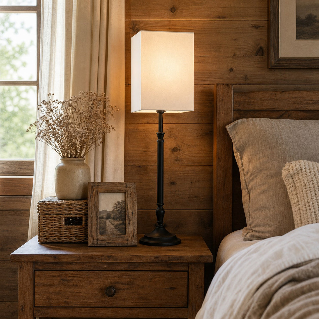 Square fabric shade table lamp on a bedside table