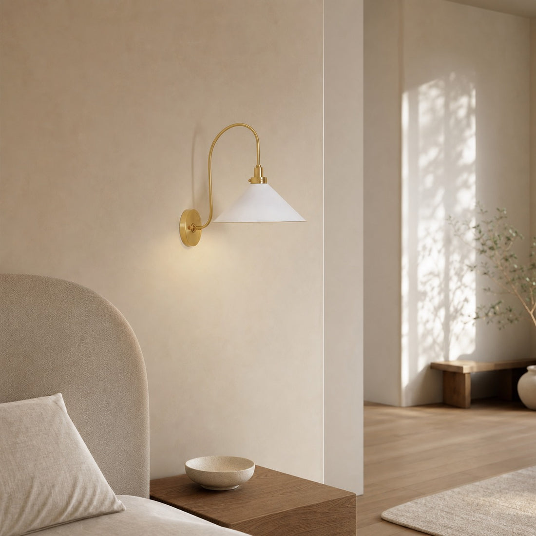 Ivoran Brass Gooseneck Wall Sconce - Curved Arm Dome Shade Light for Bedroom and Hallway