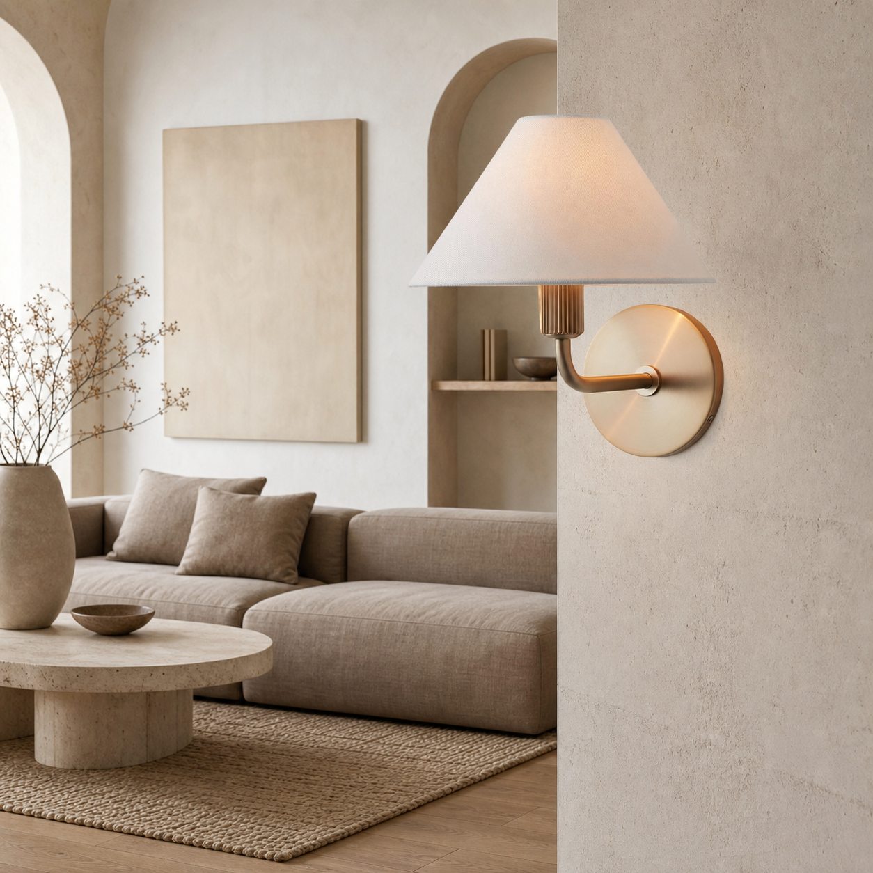 Gilda Fabric Drum Shade Wall Sconce - Modern Brass Accent Light for Bedroom and Hallway