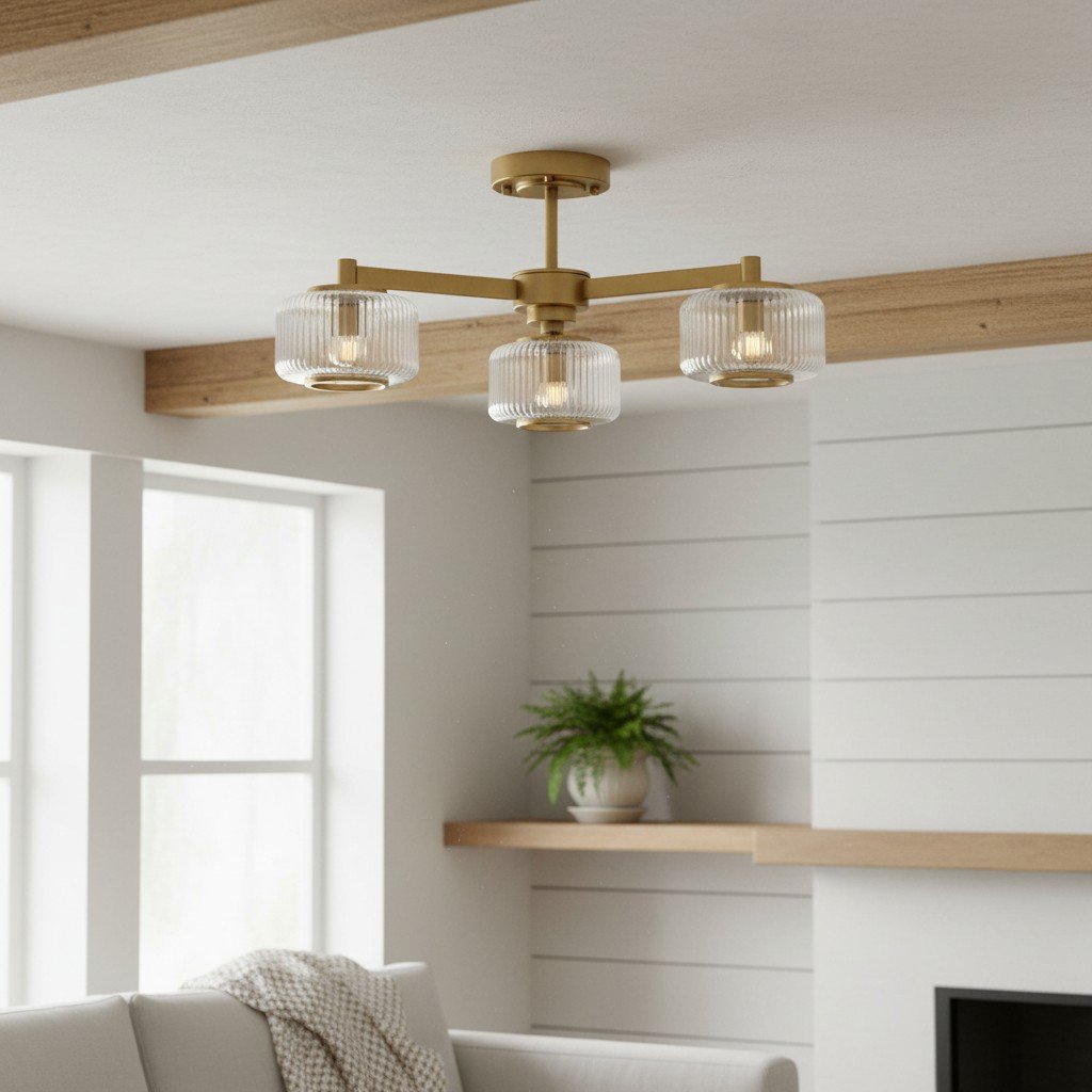 Canovus Ceiling Fixture with Ribbed Glass - Industrial Metal Living Room Light