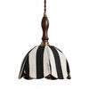 Black and ivory striped fabric pendant lamp with dark wood handle and brass connector