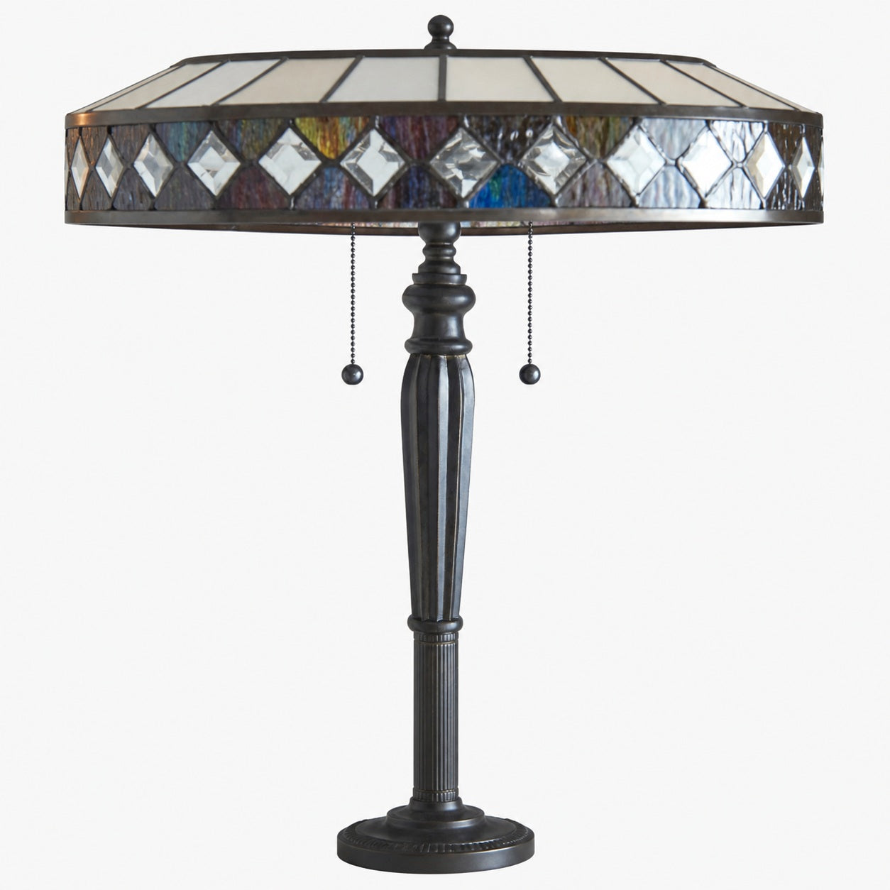 TF Fargo Geometric Tiffany Style Lamp — Amber and Cream Glass Accent Lighting for Bedroom or Study