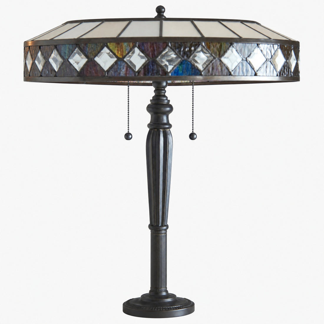 TF Fargo Geometric Tiffany Style Lamp — Amber and Cream Glass Accent Lighting for Bedroom or Study
