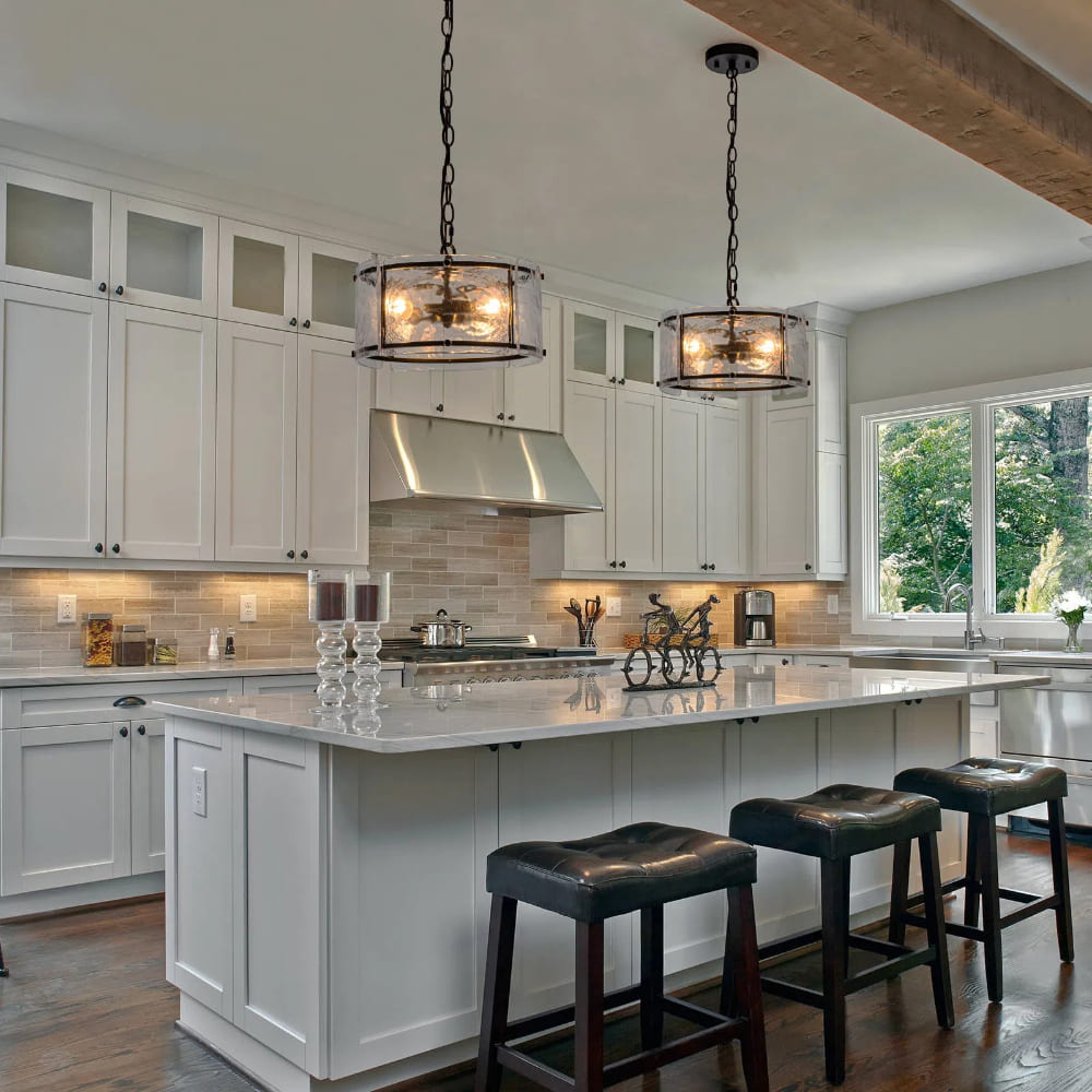 Water Ripple Drum Pendant Light - Matte Black Clear Glass 3-Light Chandelier