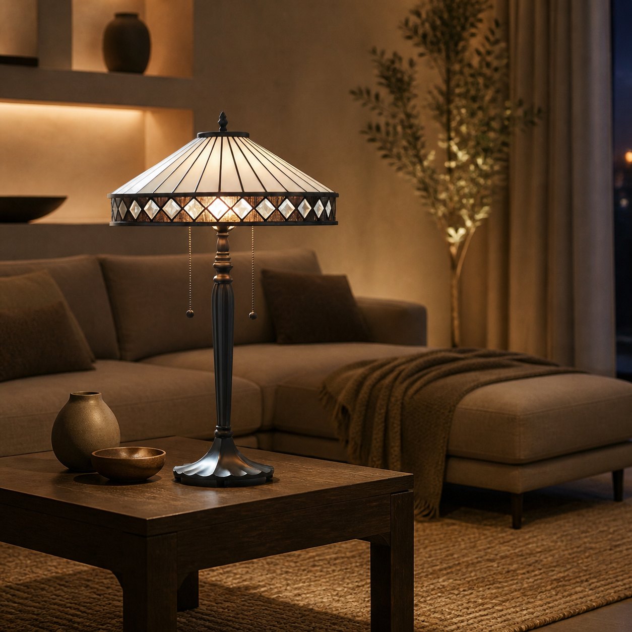 TF Fargo Geometric Tiffany Style Lamp — Amber and Cream Glass Accent Lighting for Bedroom or Study