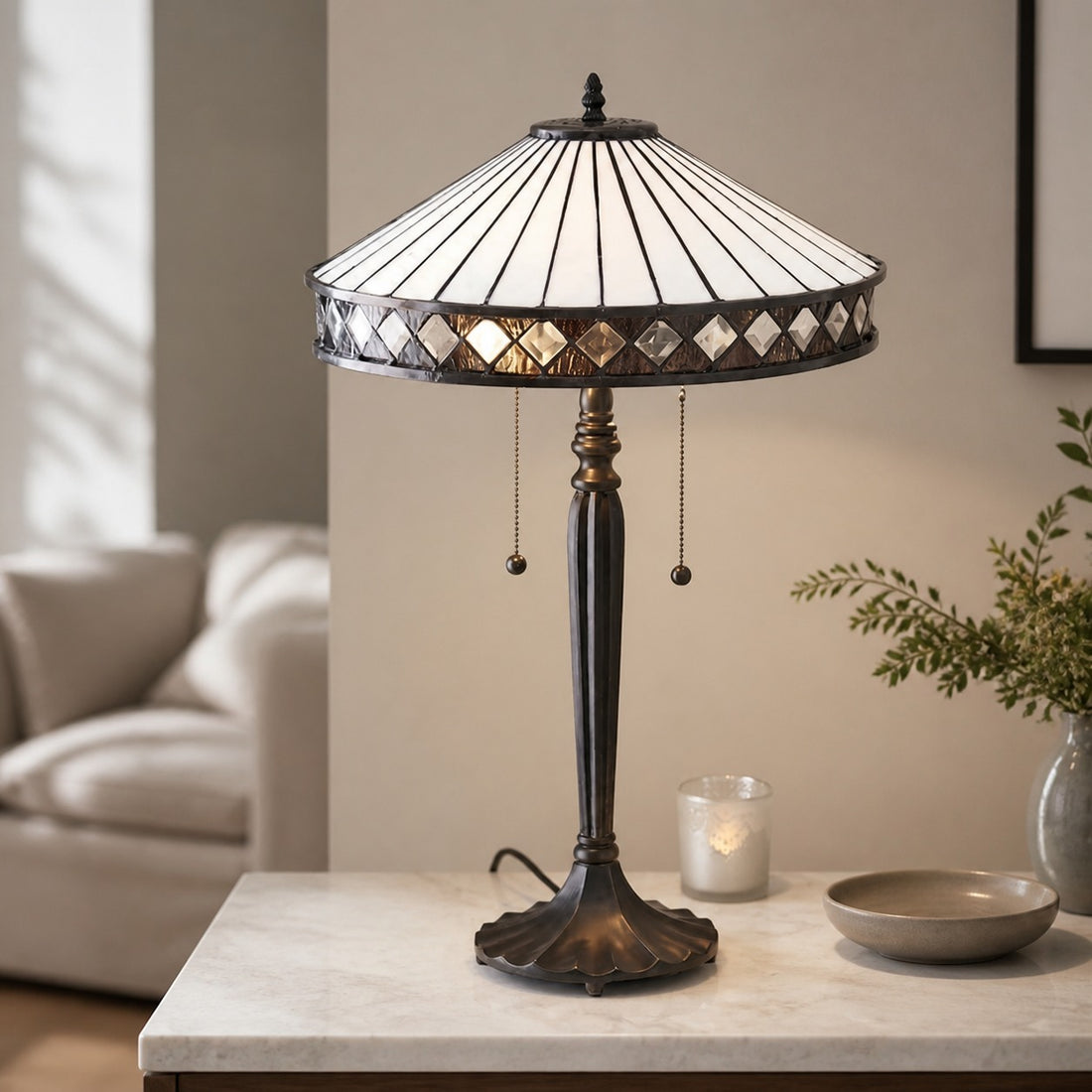 TF Fargo Geometric Tiffany Style Lamp — Amber and Cream Glass Accent Lighting for Bedroom or Study