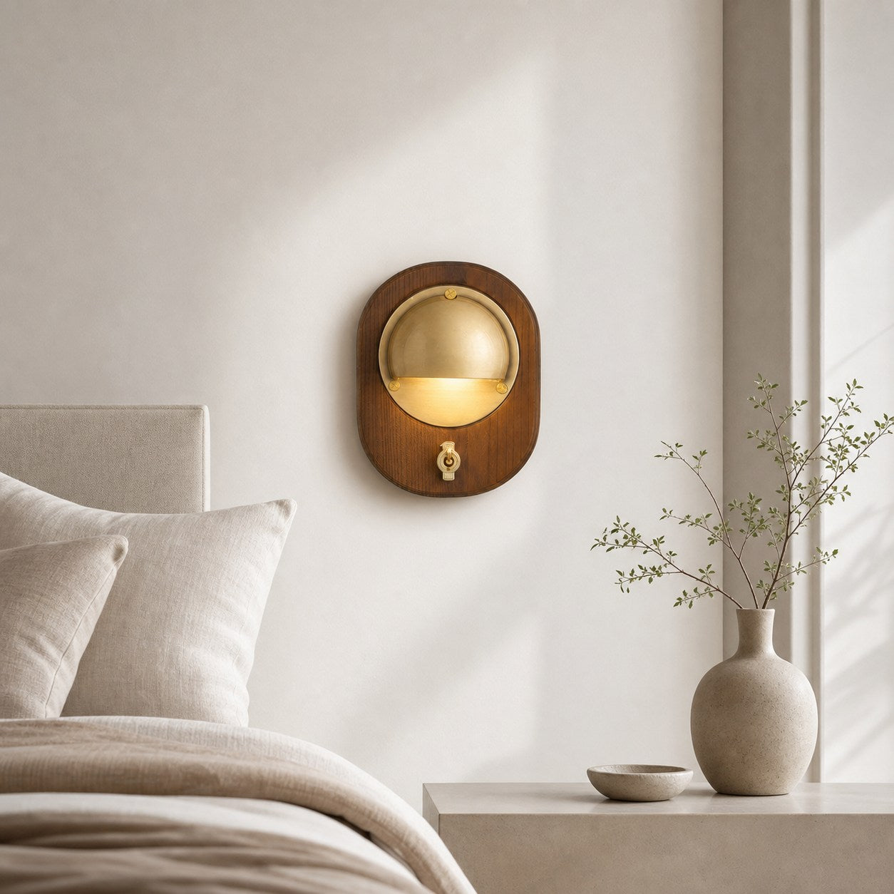 Ivoran Modern Wall Sconce - Ash Wood and Brass Spherical Lamp for Bedroom and Hallway