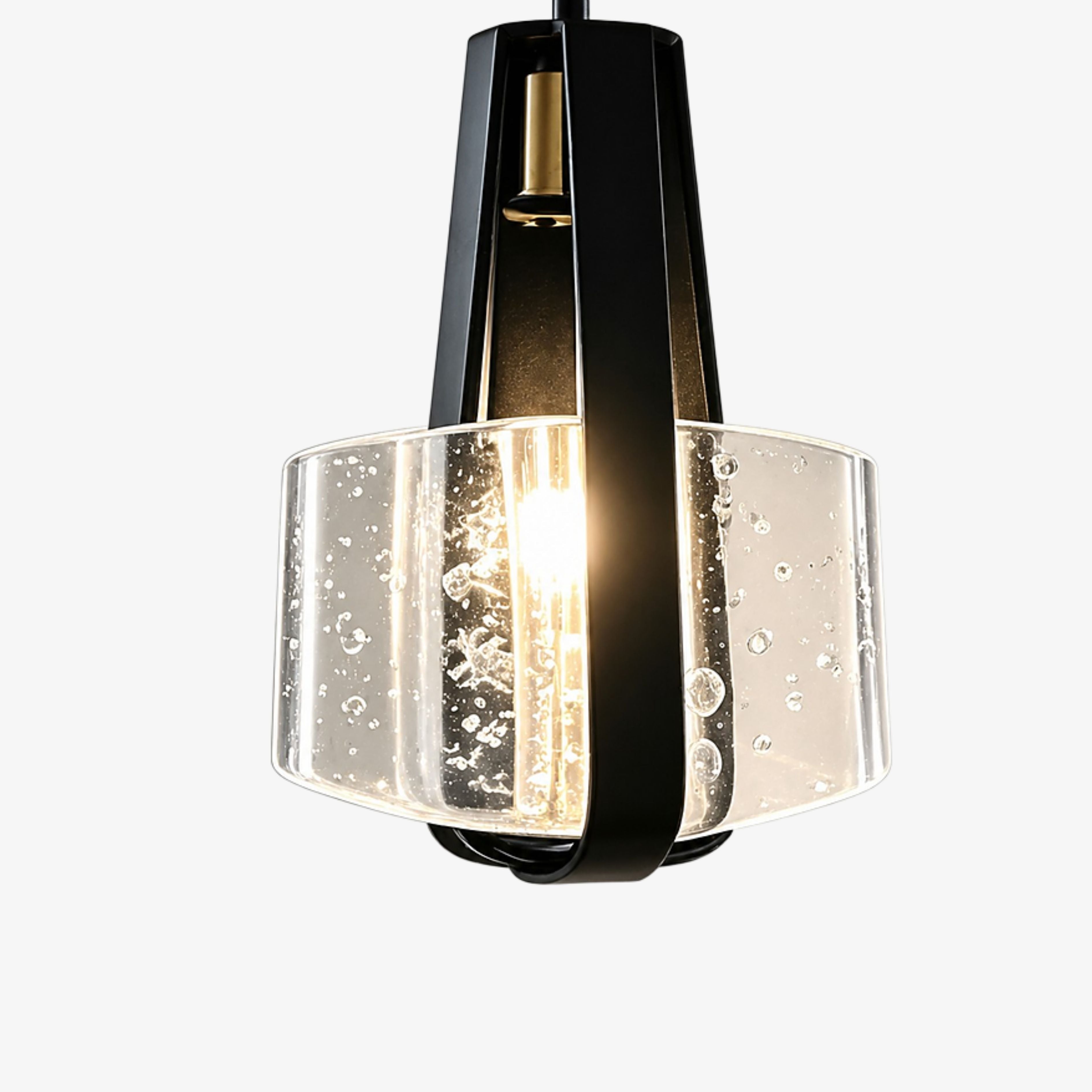 Black leather strap pendant lamp with bubble glass shade