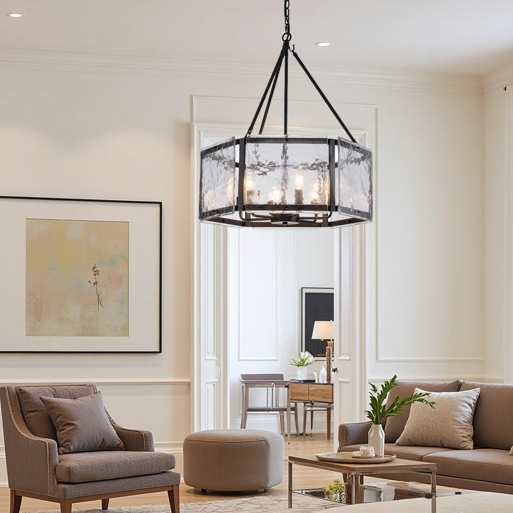 Textured Water Ripple Drum Chandelier - 6-Light Glass Pendant Light