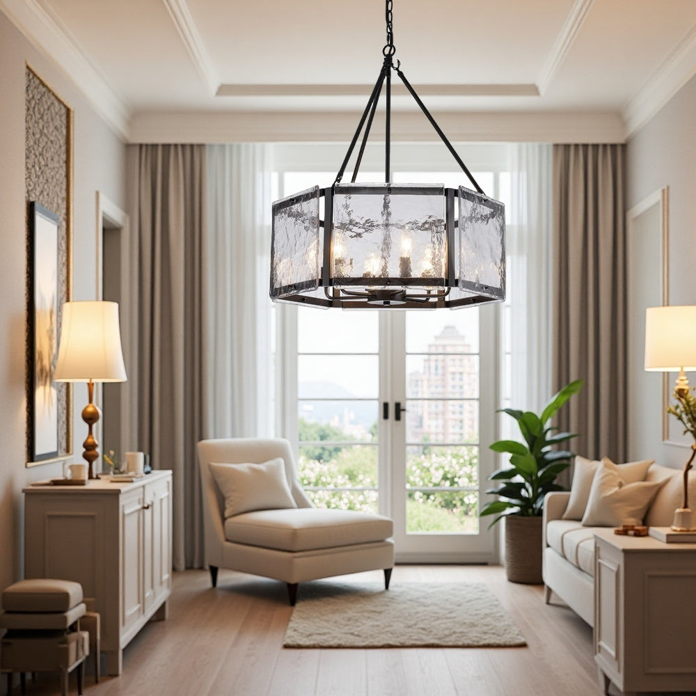 Textured Water Ripple Drum Chandelier - 6-Light Glass Pendant Light