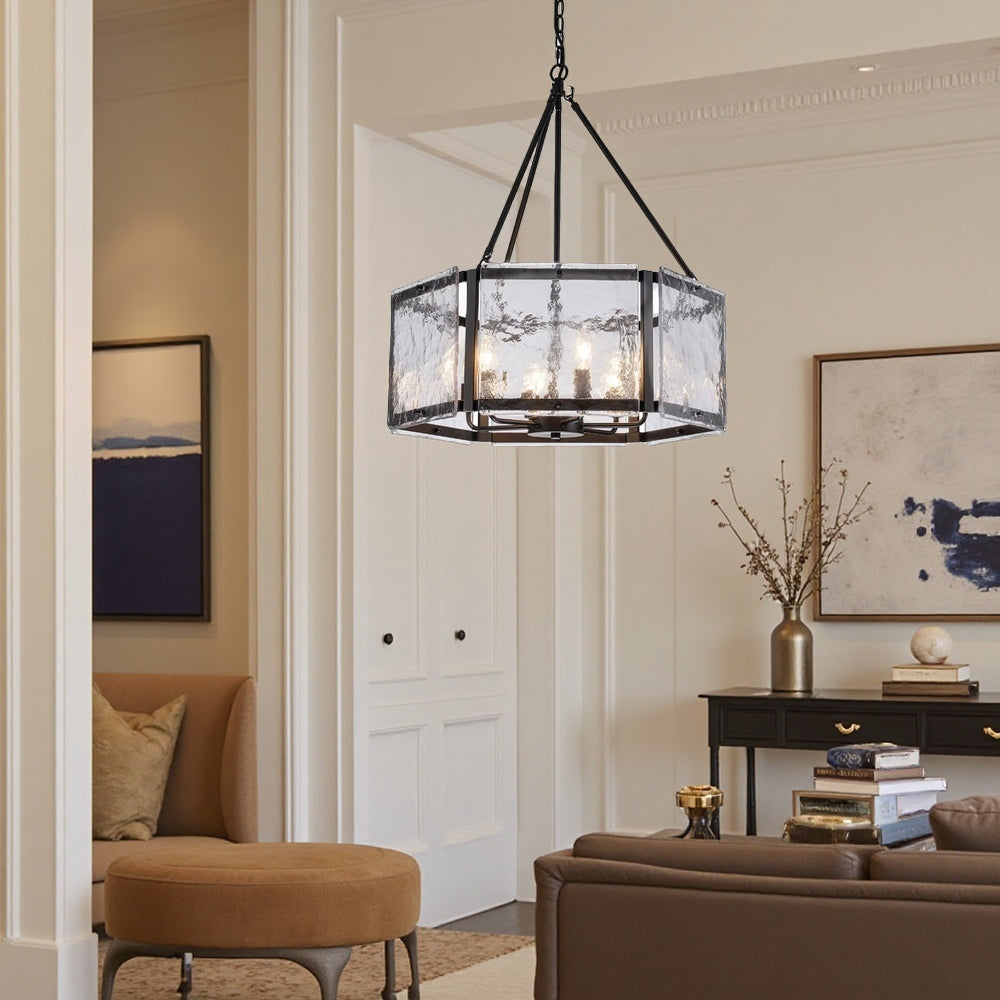 Textured Water Ripple Drum Chandelier - 6-Light Glass Pendant Light