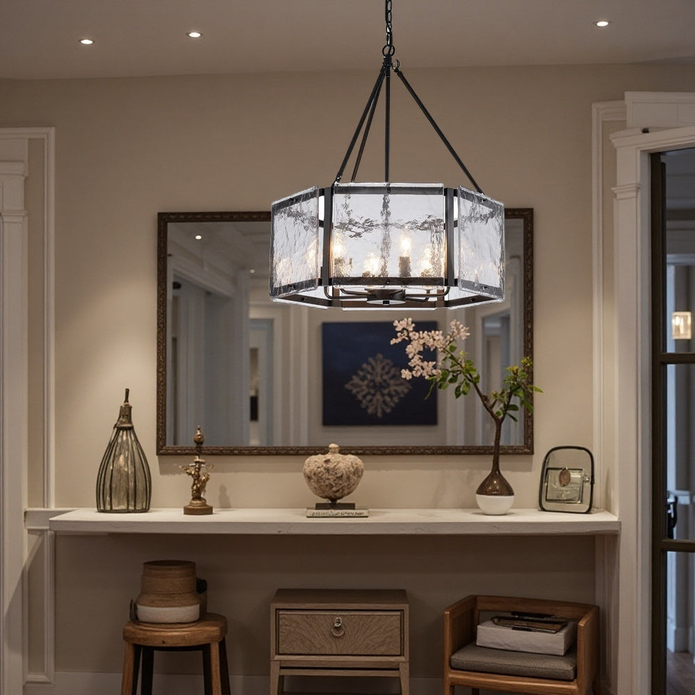 Textured Water Ripple Drum Chandelier - 6-Light Glass Pendant Light