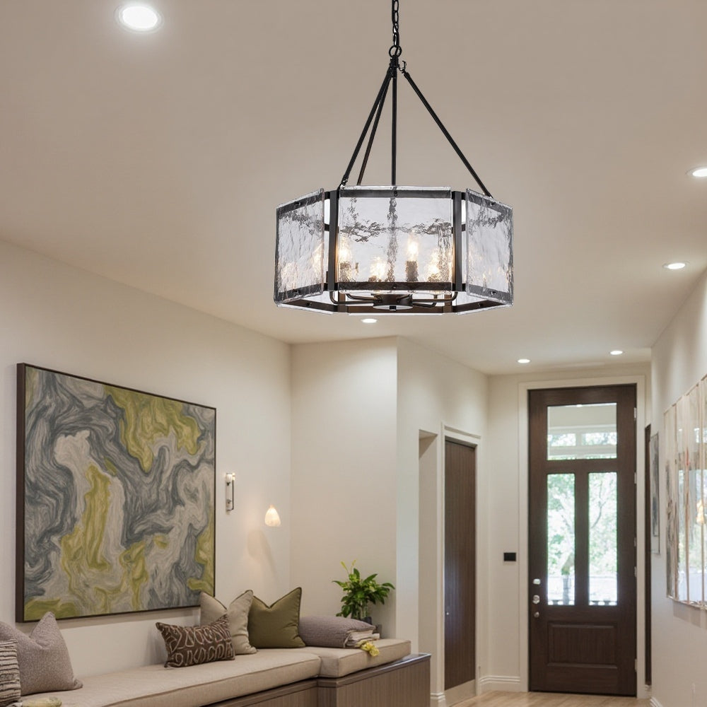 Textured Water Ripple Drum Chandelier - 6-Light Glass Pendant Light